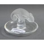 Lalique glass pin tray with opaque Lizard, with an etched Lalique mark to base, 10cm diameter