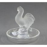 Lalique glass pin tray with opaque Cockerel, with an etched Lalique mark to base, 10cm diameter