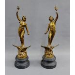 Pair of Spelter French style figures on socle bases, 35cm high, (2)