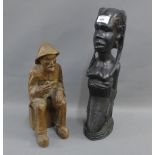 African carved hardwood figure of a Mother and Child, together with a continental pine figure,