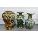 Chinese Celadon glazed baluster vase painted with flowers, insects, butterfly's and precious objects