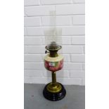 Brass stemmed oil lamp with a pottery well and etched glass shade