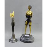 Art Deco style brass and faux bronze semi nude female figure after Ferdinand Preiss, on an oval