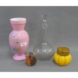 Pink glass vase, an etched glass decanter and stopper and an Owl paperweight, (4)