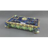 Victorian French Majolica ink stand with a mottled blue and green glaze, 27cm long