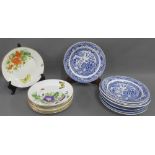 Eight various blue and white plates, together with seven butterfly floral patterned plates with