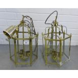 Pair of brass hexagonal glass panelled lantern style lights, (2)