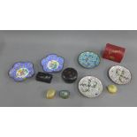 Mixed lot to include a pair of Chinese blue enamelled dishes and three enamel pin dishes, a papier