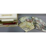 Collection of four hand painted antique fans with mother-of-pearl and bone guards, together with a