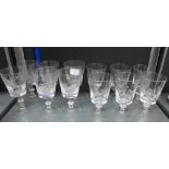 Set of six Brierley bird etched patterned glasses, together with a set of six knop stemmed ale