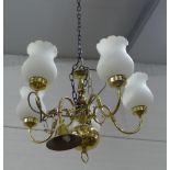 Pair of brass five branch ceiling lights with opaque glass shades, (2)