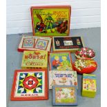 Carton containing a collection of vintage children's toys and games to include jigsaw puzzles,