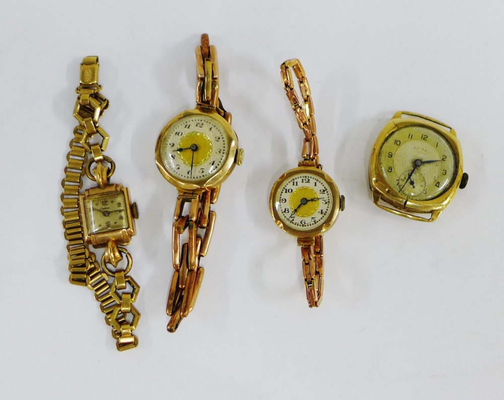 Three 9 carat gold cased wristwatches and a Gents watch case (4)