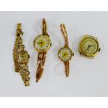 Three 9 carat gold cased wristwatches and a Gents watch case (4)