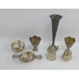 A mixed lot to include a Hukin & Heath Birmingham silver strainer, a small silver pepper pot, Epns