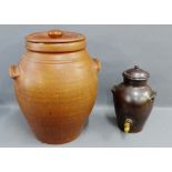 Large Scottish stoneware storage jar and cover together with another smaller, tallest 44cm high (2)