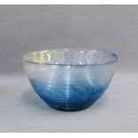 Blue art glass ribbed bowl with gold leaf highlights, 21cm diameter