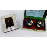 Mother of pearl and tortoiseshell card case, together with a pair of Chinese Cloisonne health balls,