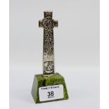 Iona silver plated cross by Hamish Dawson Bowman, on an Iona green marble plinth, 14cm high