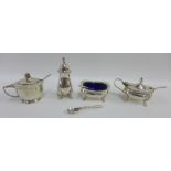 Three piece Birmingham silver condiment set and a Hukin & Heath silver mustard pot, with various