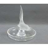 Lalique opaque glass bird pin dish with etched marks to base, 9.5cm high