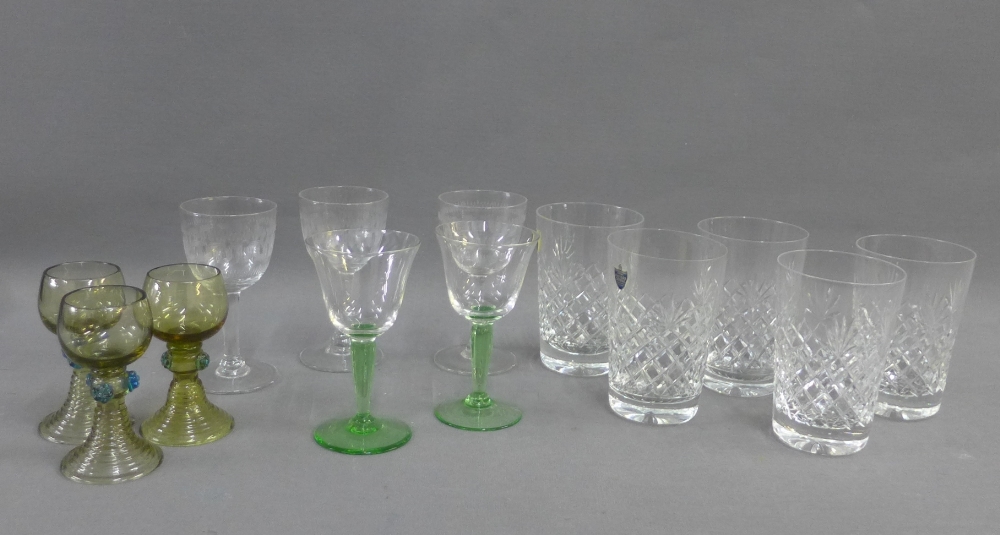 Various drinking glasses to include five Watford crystal tumblers, liqueur glasses etc.,