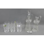 Six Scottish glass tumblers and a pair of Thistle shaped decanters and two stoppers, (one stopper