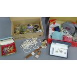 Two cartons containing a collection of vintage and later costume jewellery to include beads,