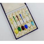 Set of six Danish Sterling silver gilt and enamelled harlequin spoons, in fitted cased, stamped Ela,