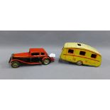 Mettoy clockwork tinplate No.25 Roadster and Caravan, mechanised, requires attention