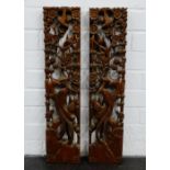 Pair of carved open wooden panels with birds and foliage, 60 x 14cm (2)