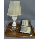 Mixed lot to include a Royal Worcester porcelain table lamp base (a/f) together with an oak tray,