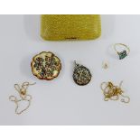 Mixed lot to include a silver fob medallion, Satsuma porcelain style brooch and a paste set dress