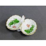 Meissen porcelain salt with twin shell shaped divisions with green dragon pattern and gilt edge rims