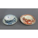 Worcester blue and white three flower pattern teabowl and saucer, together with another, (4)