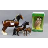 Three Beswick horses together with a Royal Doulton Whyte & MacKay Tawny Owl whisky decanter and