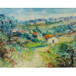 F. Dinnie 'Village Landscape' Watercolour, signed, in a glazed frame, 70 x 55cm