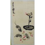 Attributed to Qi Baishi (1864-1957) 'Group of Three Mice and an Oil Lamp' Watercolour, red seal