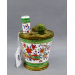 French porcelain and ormolu mounted ink stand with porcelain handled seal and wax, 8.5cm high