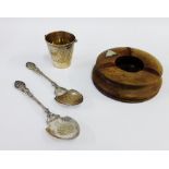 Mixed lot to include a wooden ashtray with white metal flag, pair of Epns spoons and a white metal
