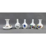 Collection of five Chinese white glazed miniature vases with transfer printed patterns, 14cm