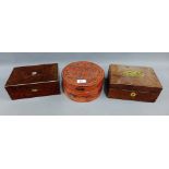 Collection of boxes to include a leather and brass jewellery box, a burr walnut box and a red