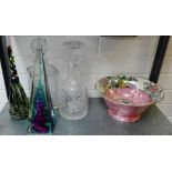 Mixed lot to include a Maling bowl, two glass decanters with stoppers and some coloured art glass