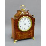 Mahogany and inlaid mantle clock with brass mounts, 21cm high, excluding handle