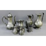 Quantity of pewter to include coffee pot, measures and tankard etc., (a lot)