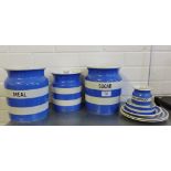 T & G green blue and white Cornish ware storage jars to include Sugar and Meal, a small Baking