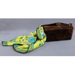 Vintage Hardy Amies silk scarf and ladies brown suede handbag with gilt metal mount, (2)