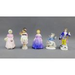 Collection of porcelain figures to include a gold anchor figure of an 18th century gent, two Royal