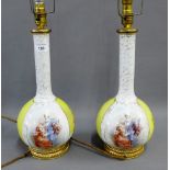 Pair of Dresden yellow and white glazed porcelain table lamp bases, 35cm high, excluding light