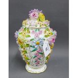 Coalport 'Coalbrookdale' floral encrusted porcelain vase and cover with printed backstamps, 22cm